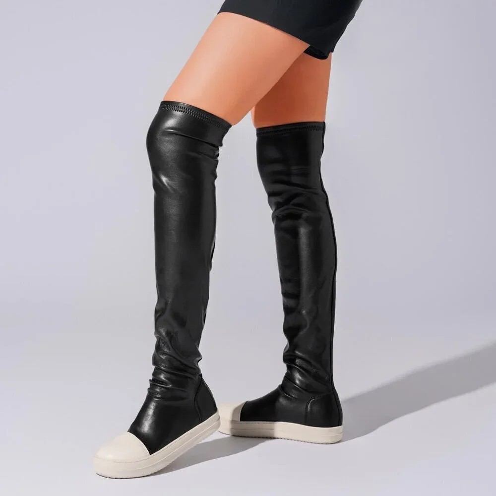Women Black Polyurethane (PU) Flat Over The Knee Round Toe Thigh High Boots